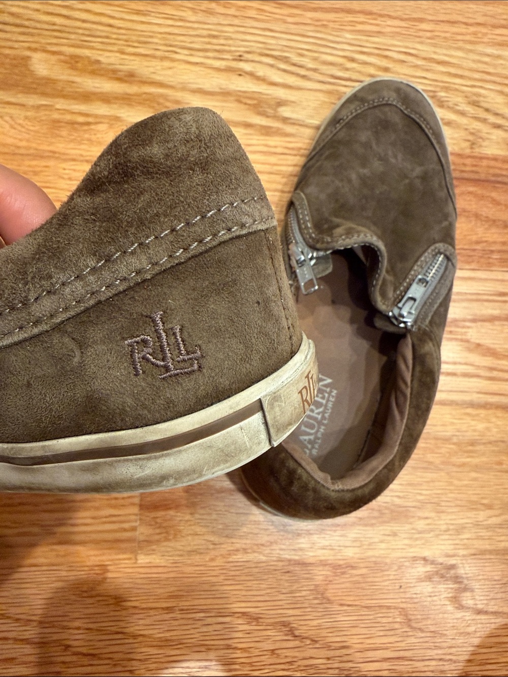 Lauren Ralph Lauren Olive Suede Zip-Front Slip-Ons - Picture 2 of 4